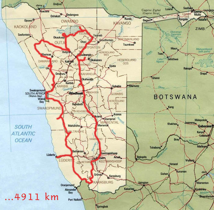 Namibia-Karte, gefahrene Strecke (ca. 130 kb)